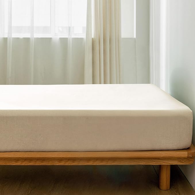 MooMee Fitted Bottom Sheet Only 100% Washed Cotton Linen Like Textured Breathable Durable Soft Comfy Deep Pocket Fits Mattress up to 17" (Cream White, Twin)