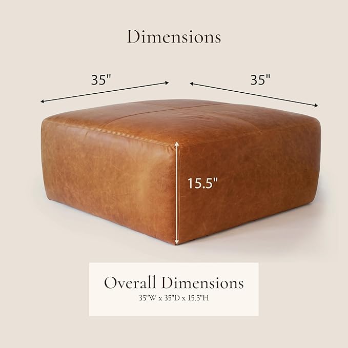 POLY & BARK Sequoia Ottoman – 35” Square Pouf with Feather-Down Topper – Full-Grain Leather Upholstered Pouf Ottoman for Living Room – Vintage Italian Leather in Cognac Tan