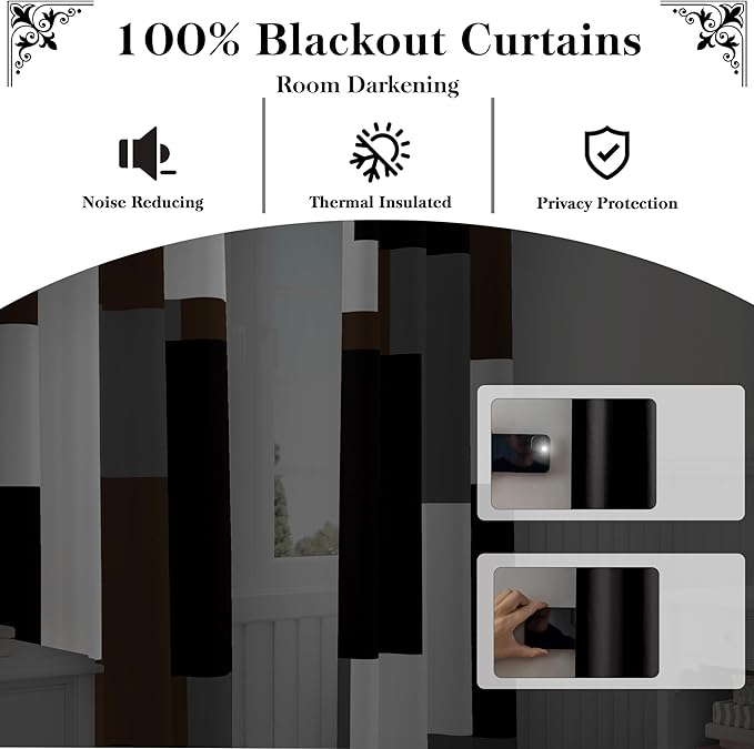 Brown 100% Blackout Curtains for Bedroom 84 inch Long 2 Panels Set Black White Gray Modern Abstract Geometric Black Out Curtains Insulated Room Darkening Window Drapes for Living Room, 52Wx84L