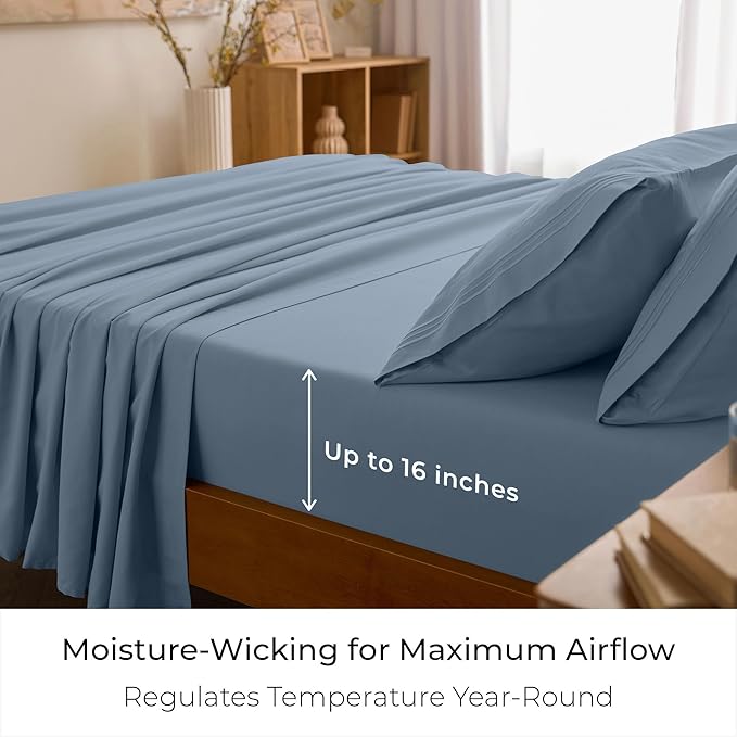 Mellanni Full Sheet Set - 6-Piece Iconic Collection Bedding, (Including 4 Pillowcases), 16-Inch Deep Pocket, Easy Care, Extra Soft, Cooling Sheets, Brushed Microfiber - Blue Hydrangea