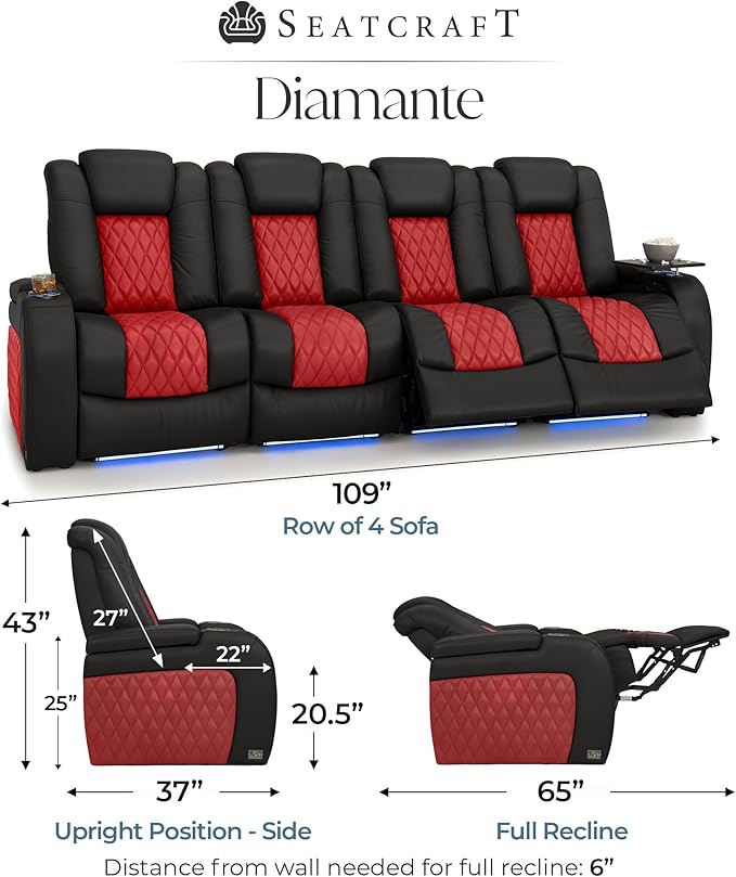 Seatcraft Diamante Zero-Gravity CoolZero Italian Leather Home Theater Seating, Power Headrest, Power Recline, Row of 4 Sofa, Black/Red