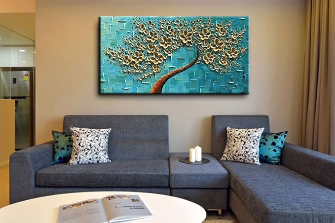 YaSheng Art - Handmade Golden Flowers Artwork Oil Painting On Canvas Texture Palette Knife Abstract Tree Canvas Wall Art Modern Home for Bedroom Living Room Office Wall Decor 24x48inch