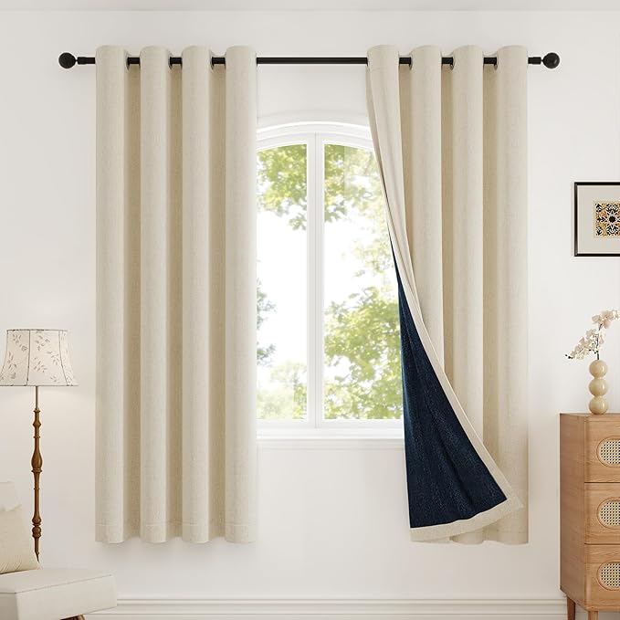 Blackout Curtains for Bedroom, Thermal Insulated Curtains 63 Inch Length Curtain 2 Panels, Soft Farmhouse Linen-Look Textured Full Light Blocking Room Darkening Drapes, W52xL63, Cream