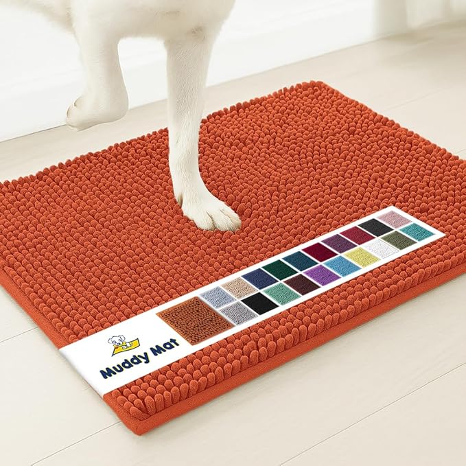 Muddy Mat® Shown on TV – Super Absorbent Microfiber Dog Door Mat for Muddy Paws, Non-Slip Washable Pet Rug, Quick Dry Chenille Entryway Carpet, Machine Washable Indoor Outdoor mat, Orange 30"x19"