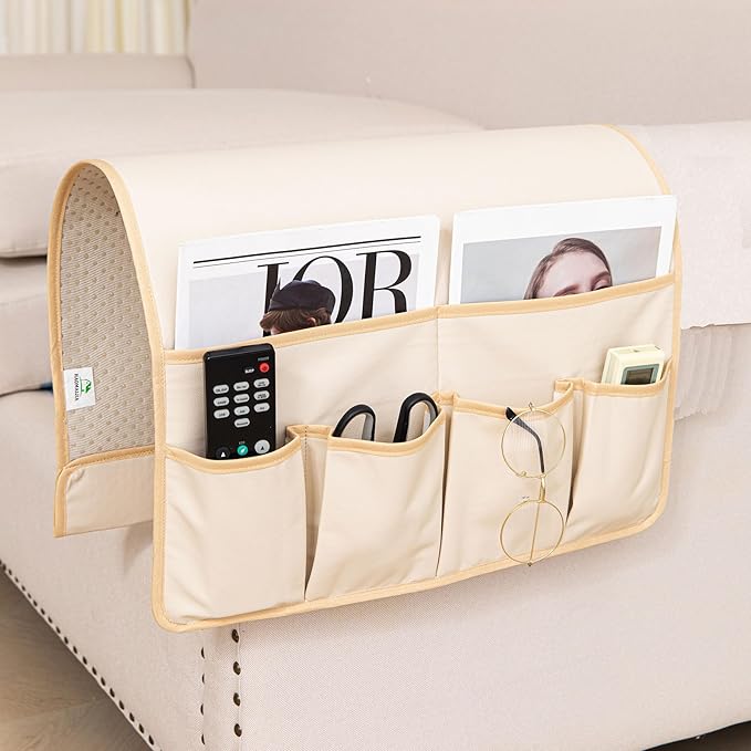 HAOMAIJIA Anti Slip Sofa Armrest Organizer Arm Chair Bedside Caddy Storage Organizer For Recliner Couch With 6 Pockets For Cell Phone Tv Remote Control (Beige, 31.89 inches × 18.5 inches)