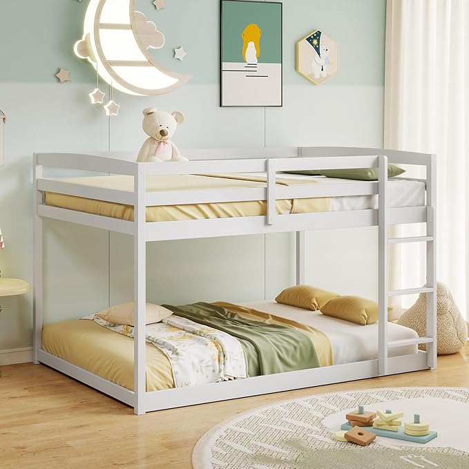 KOMFOTT Low Bunk Bed Full Over Full, Solid Wood Full Bed Frame with Built-in Ladder & Safety Guardrails, Teens, No Box Spring Needed, Space-Saving Low Bunk Bed for Kids