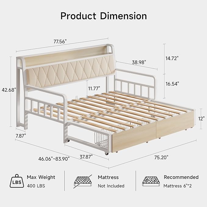 ONBRILL Twin Daybed with Trundle, Twin to King Daybed with Pop up Trundle, Metal Twin Day Bed Frame with Storage Drawers, Upholstered Headboard & Power Outlet for Living Room & Guest Room, White