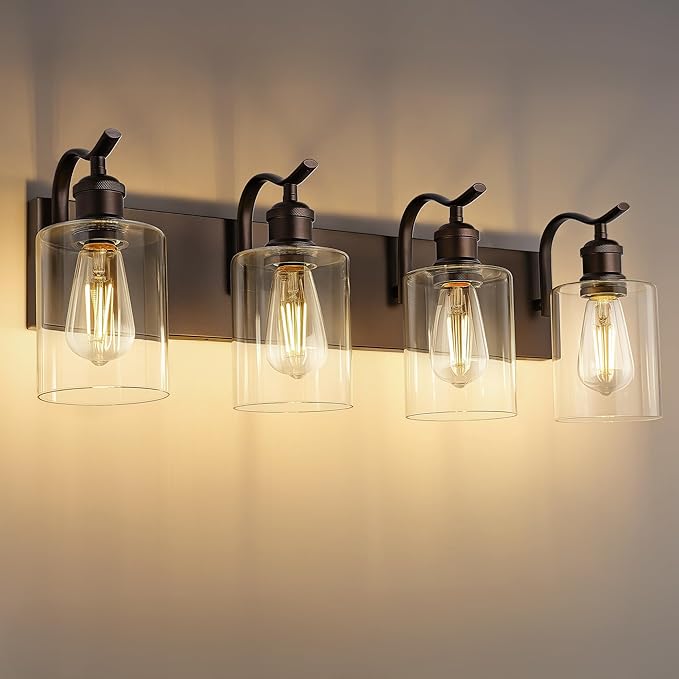 4 Light Bathroom Vanity Light, Morden Bathroom Vanity Lights Over Mirror Oil Rubbed Bronze Wall Sconce Light with Clear Glass Shade ZCVL01ORB-4