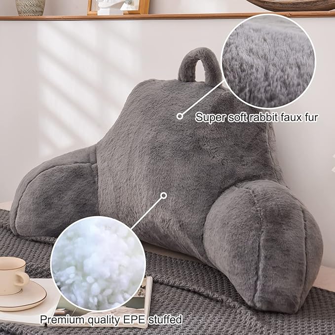Holawakaka Large Reading Pillow for Sitting up in Bed Sofa Kids Teens, Backrest Pillow with Arms for Boys Girls Women Petites Pregnancy, Back Support Cushion for Couch Floor Nursery Playroom (Grey)