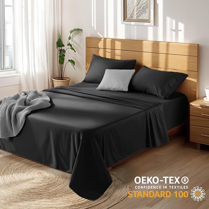 LBRO2M 100% Cotton Sheets Set Deep Pocket 19", 1000 Thread Count California King Size 4 Piece Bed Sheet Sets Soft Comfortable Bedding All Season (California King, Black)