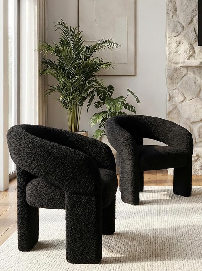 LukeAlon Mid Century Modern Sherpa Accent Chairs Set of 2 – Round Barrel Back Armchairs, Comfy Upholstered Lounge Chairs for Living Room, Bedroom, Office, Waiting Rooms, Black