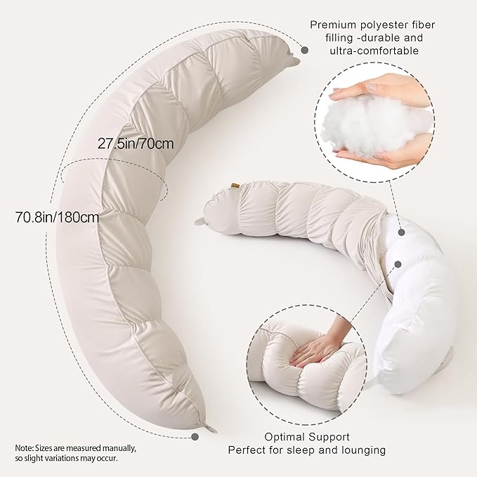 Peallow(Pat. Pend) – Long Round Body Pillow for Adults, Bolster Pillow for Sleeping, Soft and Supportive Pillow for Sleeping & Lumbar Support (Misty White,59")