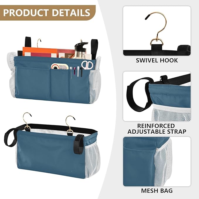 KOPIRIT Caribbean Blue Bedside Caddy Storage Bag Bedside Organizer for Bunk Bed Headboards College Bedside Shelf Hanging Organizer 6 Pockets with Hooks for Book Glasses Phone Holder