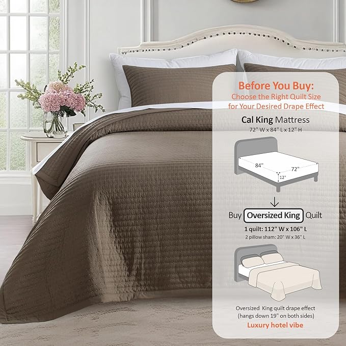 KASENTEX Oversized King Quilt Set 112"x106" – Soft Washed 3-Layer Lightweight California King Bedspread, Minimalist Nordic Design, All-Season Spring & Summer Quilt Set (1 Quilt + 2 Pillow Shams), Cub