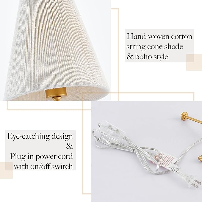 Small Minimalist Table Lamp for Bedroom, Cute Desk Lamp with Linen Rope Cone Lampshade, Boho Nightstand Lamp for Living Room, 1 Pack