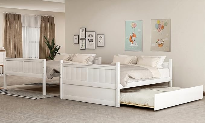 Upgraded Version Best Full Over Full Bunk Bed with Trundle, Thicken Solid Wood Full Size Bunk Bed, Bunkbed Frame Full Over Full, Convertible to 2 Beds, Easy Assembly for Adults (White)