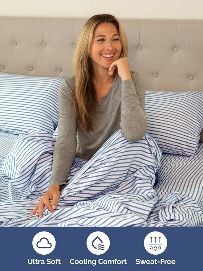 Extra Deep Cal King Sheet Set - 6 Piece Breathable & Cooling Sheets - Hotel Luxury Bed Sheets Set - Easy Fit - Soft, Wrinkle Free & Comfy Sheets Set - Blue Striped Sheet Set with Extra Deep Pockets