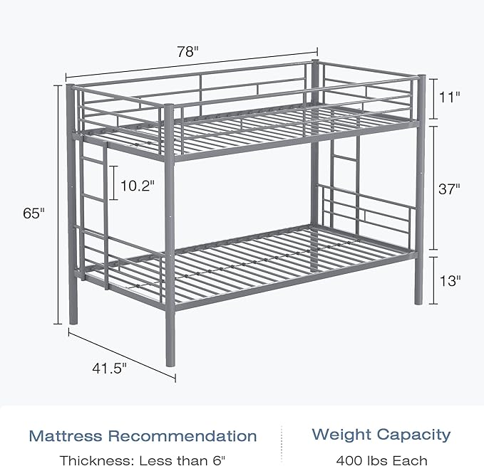 VECELO Bunk Bed Twin Over Twin, Metal Bunkbeds with Ladder and Full-Length Guardrail, No Box Spring Needed, Space Saving, Noise Free, Grey