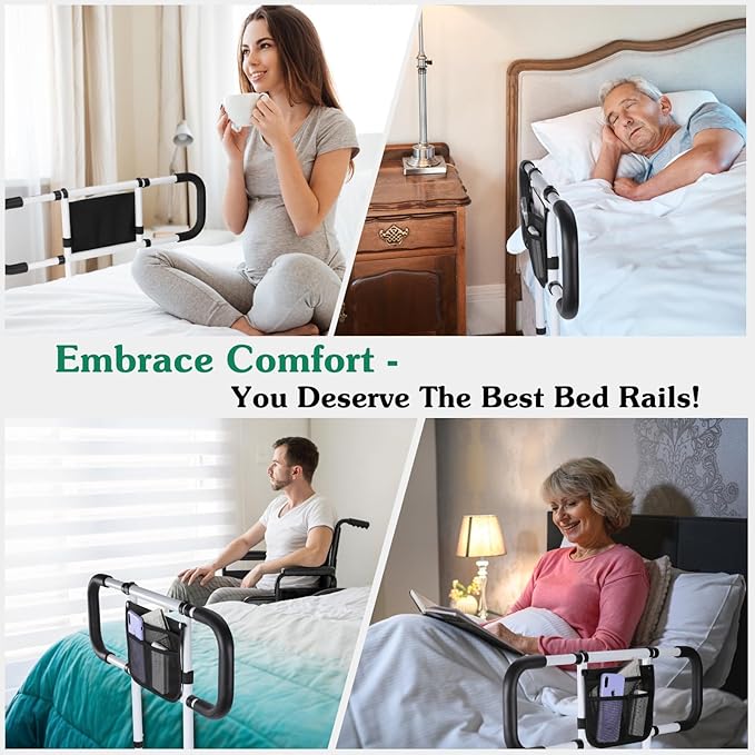 Bed Rails for Elderly Adults Safety - Extended Bed Assist Rail for Seniors - Adjustable Beds Side Rails Handle Support Bar Bed Guard with Storage Bag & Fixing Strap, Fit King Queen Full Twin Beds