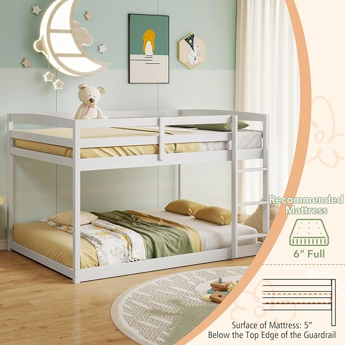 KOMFOTT Low Bunk Bed Full Over Full, Solid Wood Full Bed Frame with Built-in Ladder & Safety Guardrails, Teens, No Box Spring Needed, Space-Saving Low Bunk Bed for Kids