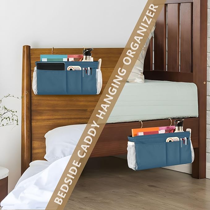 KOPIRIT Caribbean Blue Bedside Caddy Storage Bag Bedside Organizer for Bunk Bed Headboards College Bedside Shelf Hanging Organizer 6 Pockets with Hooks for Book Glasses Phone Holder