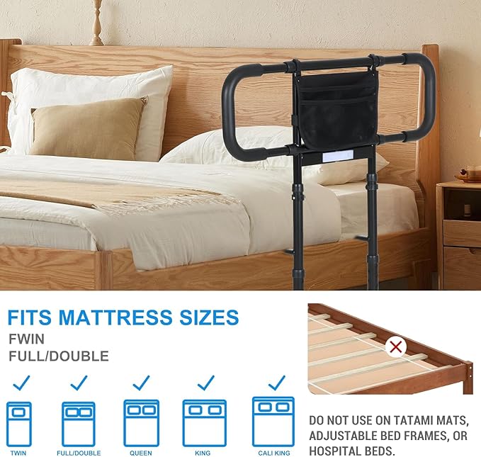 Bed Rails for Elderly Adults Safety, Elderly Assistance Products, Bed Rails for Seniors with Non-Slip Handles, Motion Sensor Light Fits King, Queen, Full, Twin (Compatible with Bed Frames 13.2"-19.7")