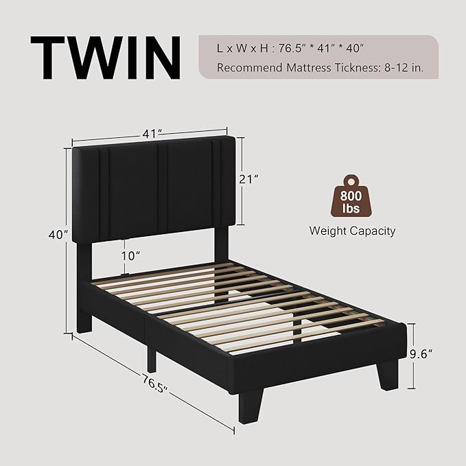 Upholstered Twin Size Bed Frame with Linen Fabric Headboard, Strong Wooden Slats Support, Noise Free, No Box Spring Needed, Black