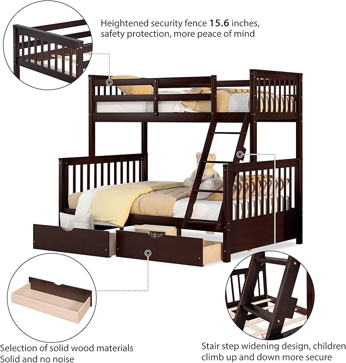 Merax Wood Bunk Bed with Two Drawers,Convertible Wood Bunk Bed with Ladders and Two Storage Drawers,Solid Wood Detachable Bed Frame with Ladders, Twin Over Full Size, Espresso