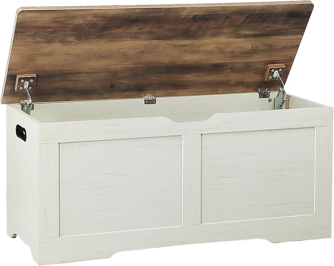 Timberer 39.4" Storage Chest, Wooden Storage Bench, Lift Top Toy Chest with 2 Safety Hinges, Large Toy Box, Entryway Bench for Living Room, Bedroom, Brown and Rustic White