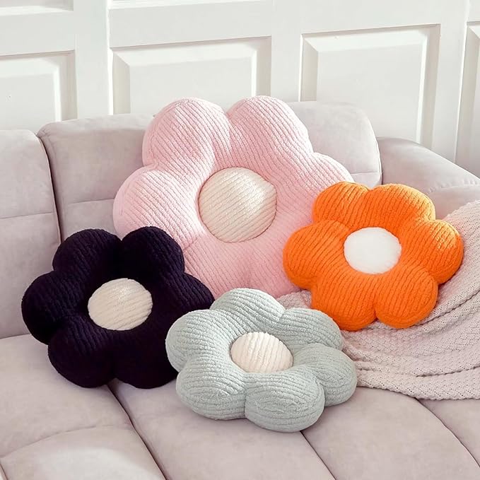 Kcvvcr Flower Pillow, Cute Daisy Decorative Pillow for Bed, Soft Home Decor Floor Seating Cushion (Black, 14.9 Inches)