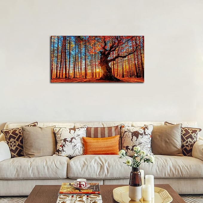 Yearainn Large Canvas Wall Art Forest Sunset Canvas Pictures Red Leaf Trees Landscape Contemporary Nature Picture for Living Room Bedroom Home Office Wall Decor Framed Ready to Hang 24" x 48"