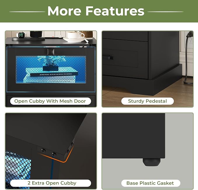 Hasuit Night Stand with Charging Station and LED Lights, Farmhouse Nightstand with 2 Drawers, Black Bedside Table for Bedroom