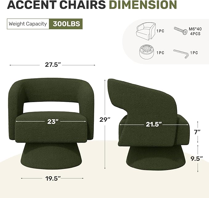 Swivel Accent Chair Set of 4, Modern Comfy Teddy Barrel Chairs, Oversized Upholstered Round Arm Chair for Living Room, Bedroom, Reading Room, Green