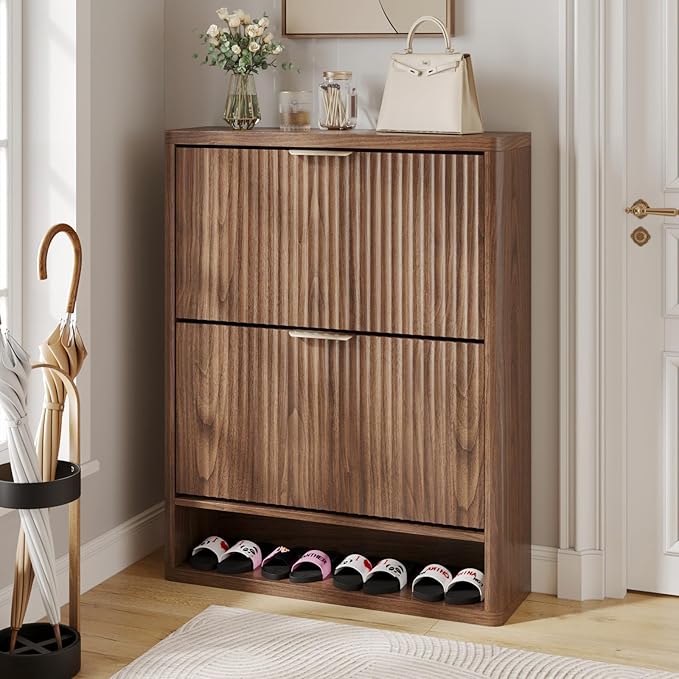 Fluted Shoe Cabinet Storage with 2 Flip Drawers, Narrow Shoe Storage Organizer for Entryway, Hidden Slim Wooden Shoe Rack Cabinet for Front Door Entrance, Hallway, Living Room (2-Drawer, Walnut)