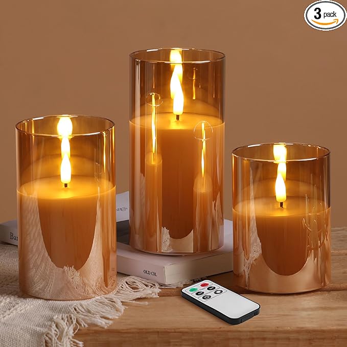Eywamage Gold Glass Flameless Pillar Candles with Remote, Flickering Christmas LED Candles Battery Operated Set of 3
