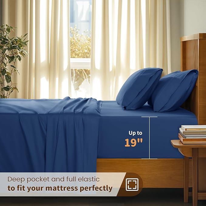 LBRO2M 100% Cotton Sheets Set Deep Pocket 19", 1000 Thread Count King Size 4 Piece Bed Sheet Sets Soft Comfortable Bedding All Season (King, Navy Blue)