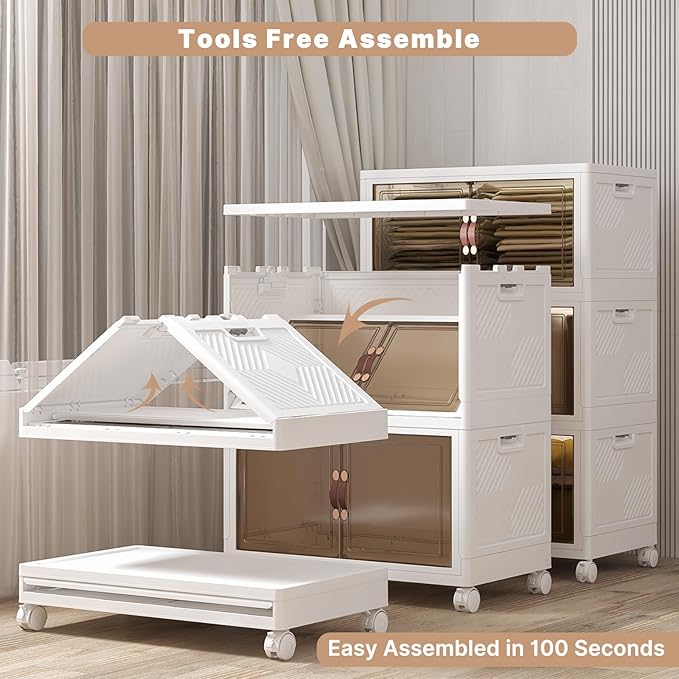Extra Large Stackable Storage Bins with Lids & Wheels, Foldable Plastic Storage Bins (White, 1008QT-168QT/42GAL*6Pack)