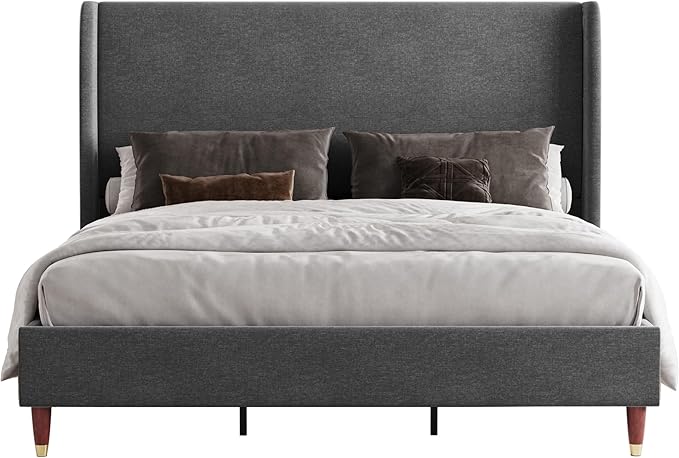 Jocisland King Upholstered Platform Bed Frame with 51.2" Tall Wingback Headboard–Solid Wood Legs, No Box Spring Needed, Dark Grey Linen–Modern Style for Any Bedroom