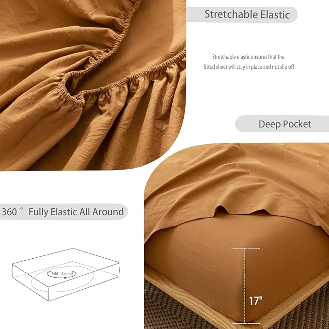 MooMee Fitted Bottom Sheet Only 100% Washed Cotton Linen Like Textured Breathable Durable Soft Comfy Deep Pocket Fits Mattress up to 17" (Dark Orange, Twin)