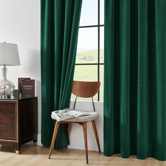 Joydeco Dark Green Velvet Curtains 72 Inches Long, Luxury Grommet Blackout Curtain 2 Panels, Thermal Insulated Privacy Room Darkening Window Drapes for Bedroom Living Room Home Theatre (52Wx72L)