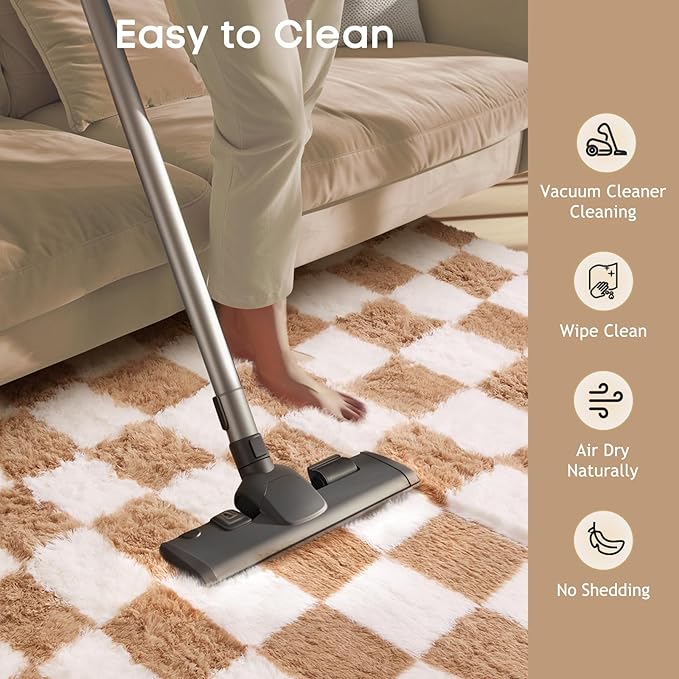 Ophanie Checkered Beige & White Rug for Living Room Bedroom, Fluffy Soft Cute Fuzzy Area Rugs, Shag Plush Shaggy Bedside Floor 4x6 Furry Carpet for Kids Baby Teen Dorm Nursery Home Decor Aesthetic