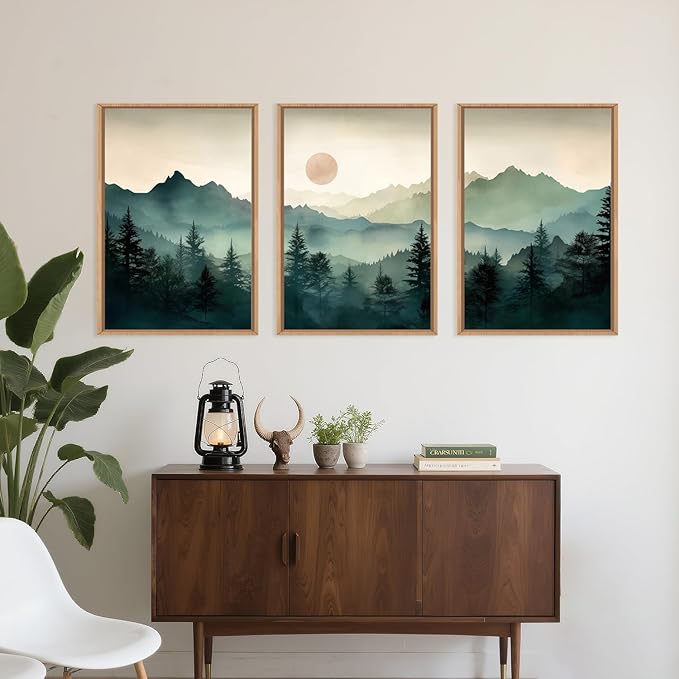 LHIUEM Large Boho Mountain Framed Wall Art Set,Green Foggy Forest Wall Painting,Abstract Nature Sunrise Artwork,Watercolor Pine Tree Wall Decor for Living Room,Bedroom,Office-16''x24''x3
