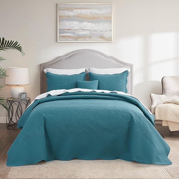 CHIXIN Oversized Bedspread Coverlet Set King Size - Lightweight Bedding Cover - Ultrasonic Quilting - 5 Piece Reversible Bedspread - Vintage Rose Pattern (King, Lagoon)