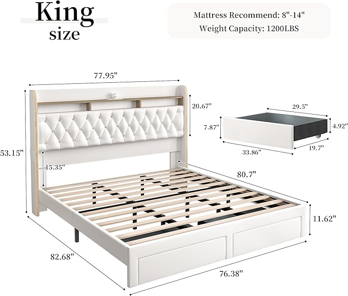 King LED Bed Frame with 2 Storage Drawers, PU Upholstered Platform Beds with Galaxy Star Projector Charging Station Speaker, Aurora Bedframe with 2-Tier Storage Headboard, Noise-Free, White