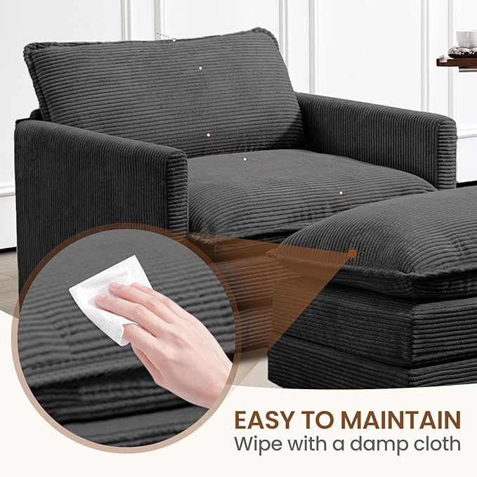 ROWHY Single Armchair with Ottoman, Modern Corduroy Cloud Couch with Convertible Chaise, Upholstered Sofa Set for Living Room and Office, Dark Grey
