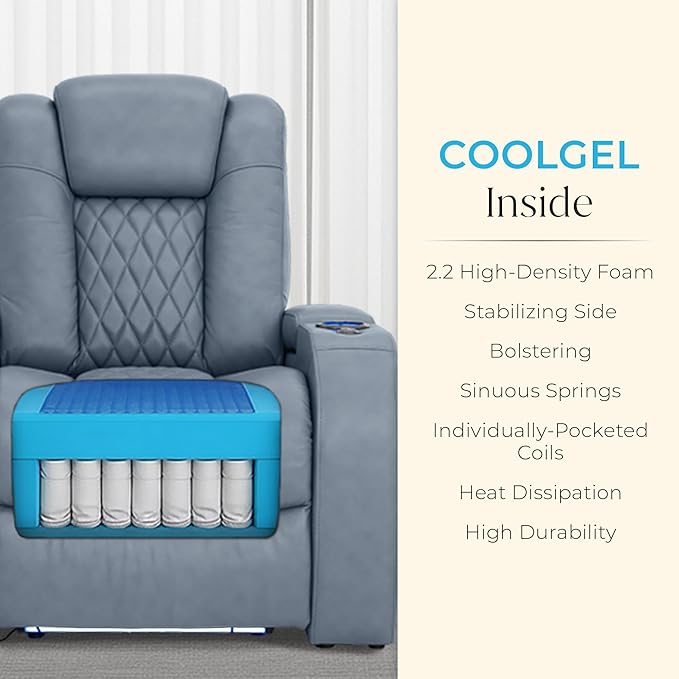 Seatcraft Diamante Zero-Gravity CoolZero Italian Leather Home Theater Seating, Power Headrest, Power Recline, Row of 5 Middle Sofa, Smokey Blue