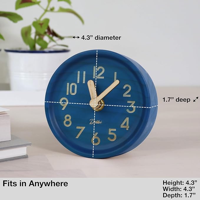 Driini Wooden Analog Desktop Clock – 4.3 in. Decorative Pinewood, No-Tick Design – Easy to Read Silent Sweep Mantle Clock – Quiet Tabletop Clocks with Wood Body, Hands, & Battery Cover; Blue