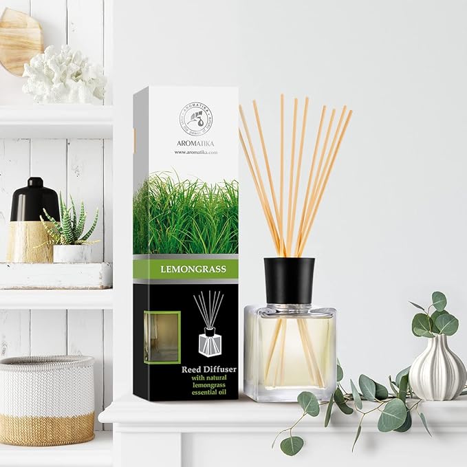 Room Fragrance Diffuser Lemongrass 6.8 Fl Oz - 200ml - with Bamboo Sticks - with Pure & Natural Lemongrass Essential Oil - Intensive Room Scent - Diffuser Gift Set