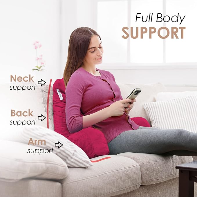 Nestl Reading Pillow with Shredded Memory Foam, Designed for Sitting Up in Bed and Couch, Back and Arms Adjustable Support for Adult & Teens Backrest Pillows for Reading, with Washable Cover Hot Pink