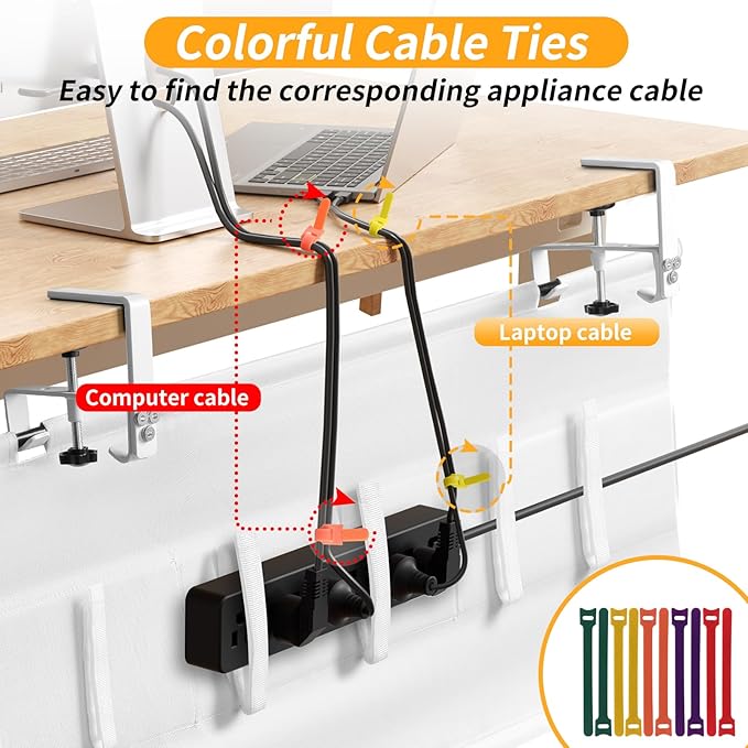 No Drill Under Desk Cable Management Tray, 36" Cord Organizer with Clamp, Fabric Cable Management for Standing Desks, Ideal for Home & Office - White